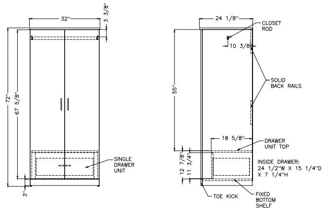 Modern Series - Wardrobe Full Doors - 1 Inside Drawer 32" Wide