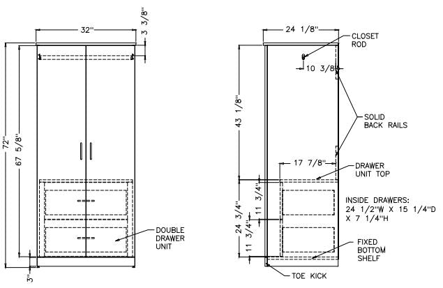 Modern Series - Wardrobe Full Doors - 2 Inside Drawers 32" Wide