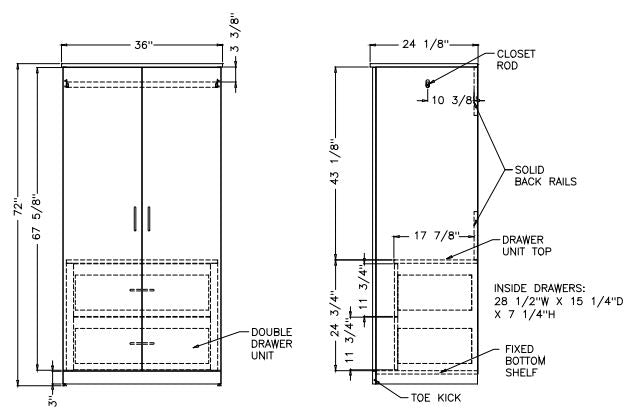 Modern Series - Wardrobe Full Doors - 2 Inside Drawers 36" Wide