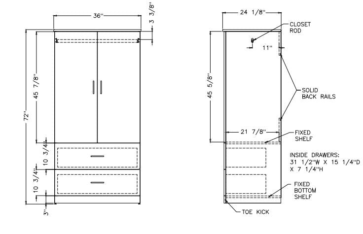 Modern Series - Wardrobe Upper 2 Doors, 2 Drawers and Coat Rod, 36" Wide