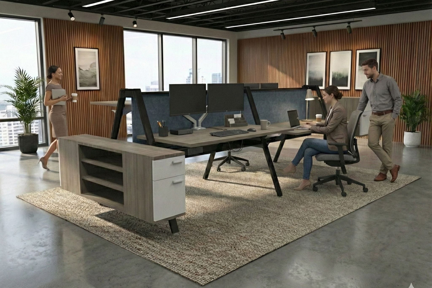 Modern office space with desks, chairs, and people working.